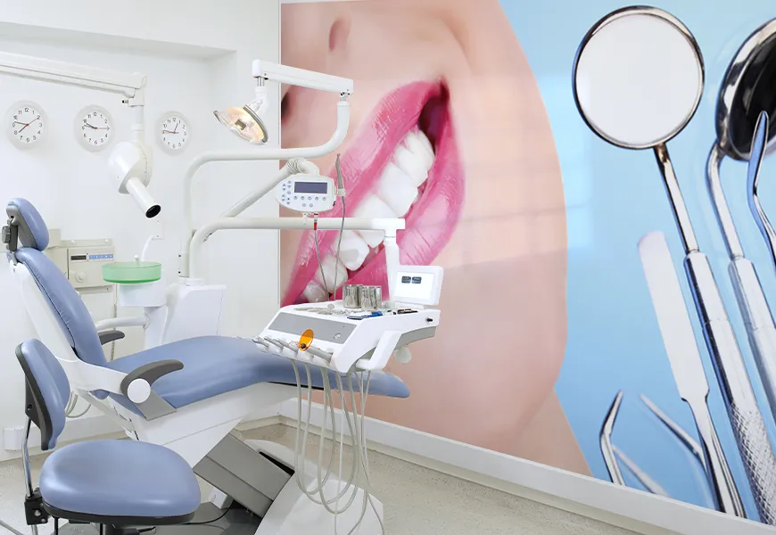 کاغذ دیواری سه بعدی مطب دندانپزشکی با مفهوم مراقبت از دندان